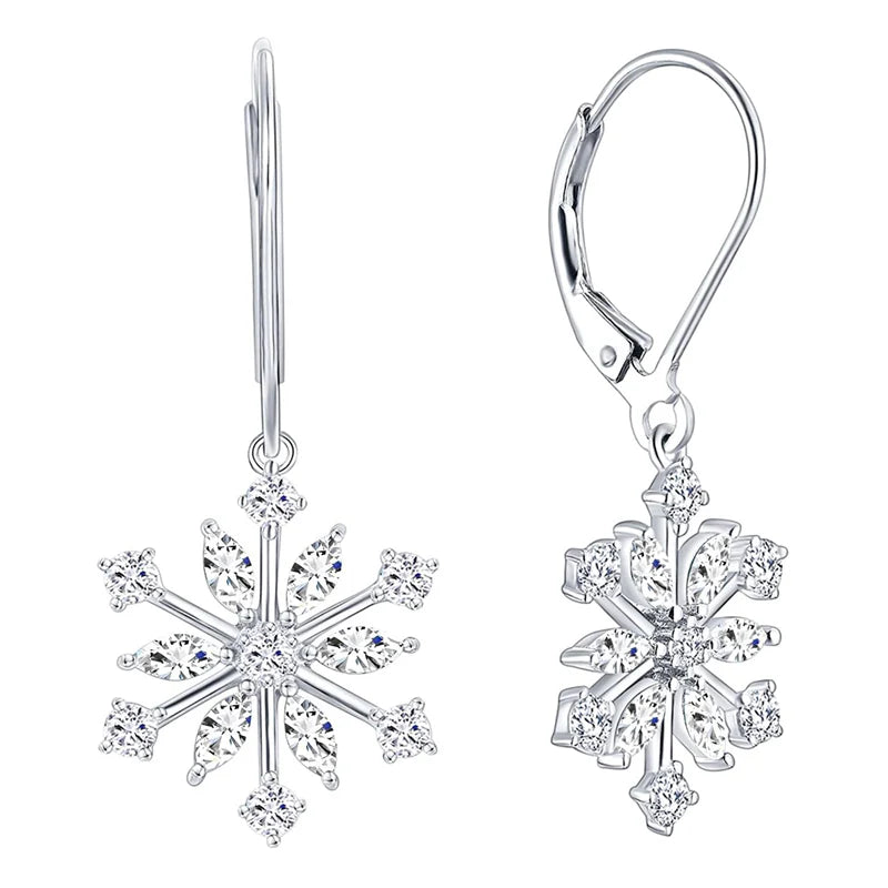 Sterling Silver CZ Snowflake Leverback Earrings